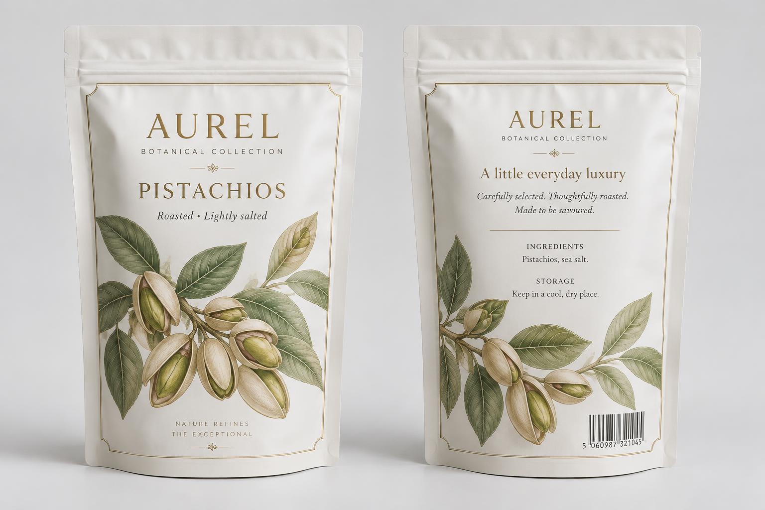 Photorealistic front and back views of a premium Aurel pistachio stand-up pouch concept, with pearl-white packaging, gold typography and matching botanical artwork