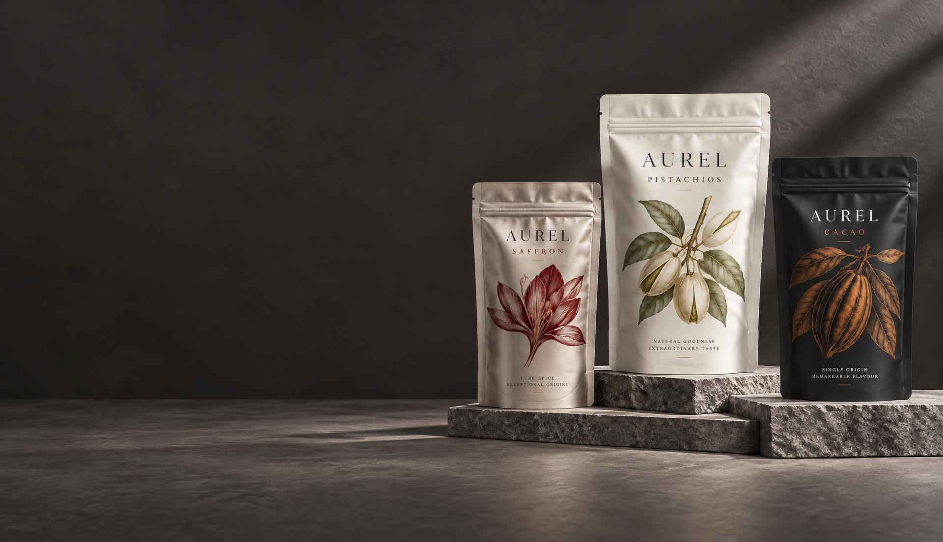 Premium stand-up pouch concepts: pearl pistachio packaging, silver saffron packaging and charcoal cacao packaging with fine botanical artwork